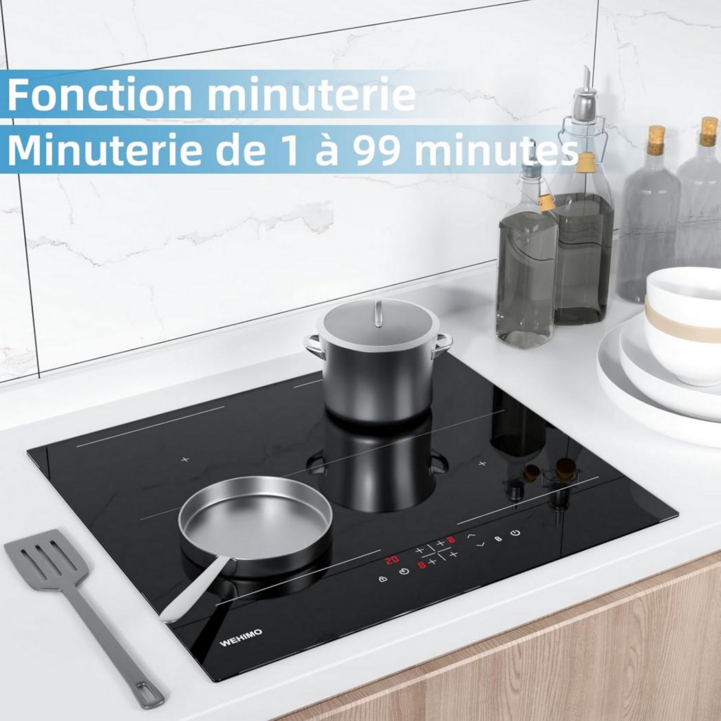 Plaque de cuisson vitrocéramique encastrable 4 feux, WEHIMO 6000W - 59cm - Minuterie, 9 niveaux de puissance, commande tactile, sécurité enfant...