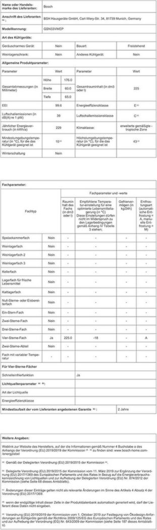 Congélateur vertical autonome Bosch GSN33VWEP Série 4, 225 L, 4 tiroirs de congélation, 176 x 60 cm, blanc