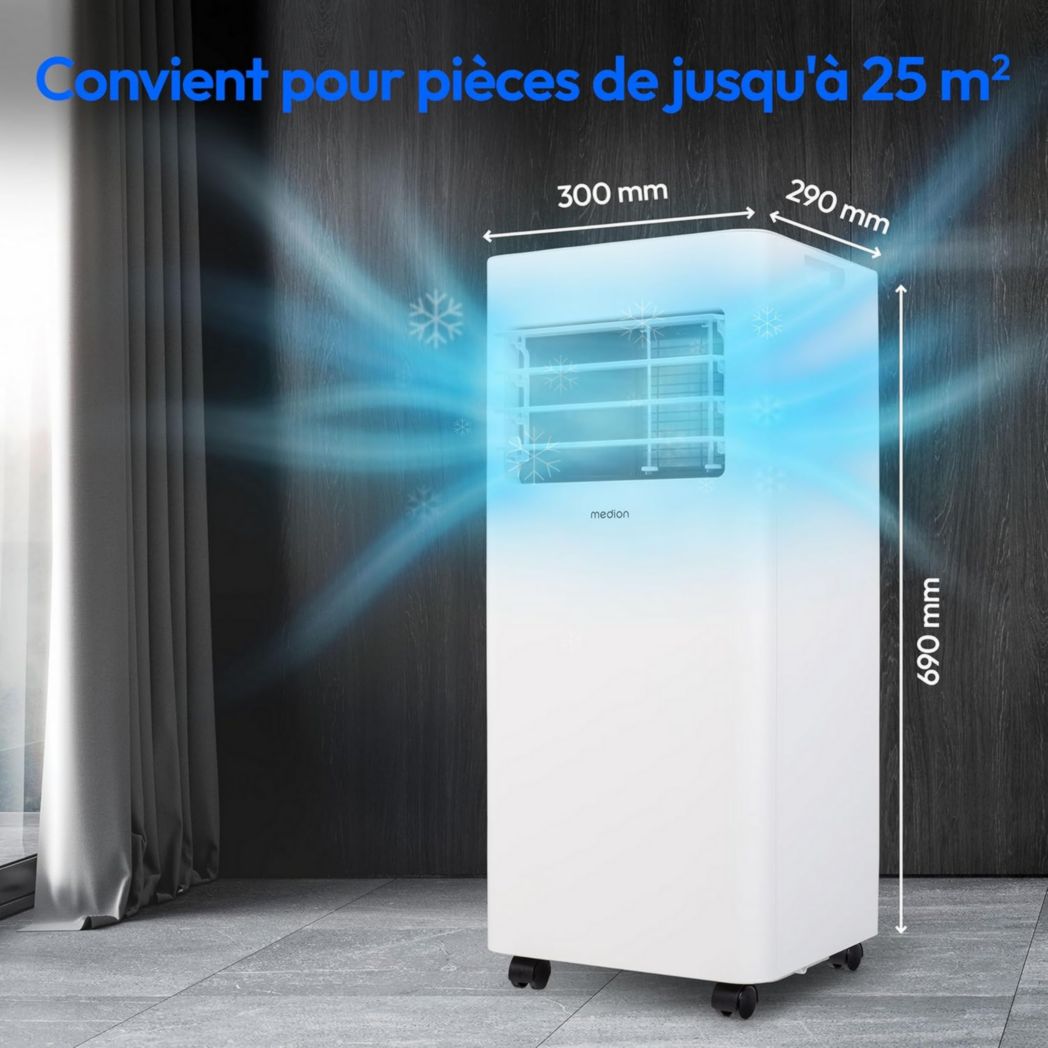 Climatiseur mobile intelligent MEDION P1002 (10 000 BTU, 3 en 1, refroidissement, déshumidification, ventilation, jusqu'à 34 m², kit de joint de fenêtre, mode veille, contrôle Wi-Fi, télécommande, écran, MD 37733)