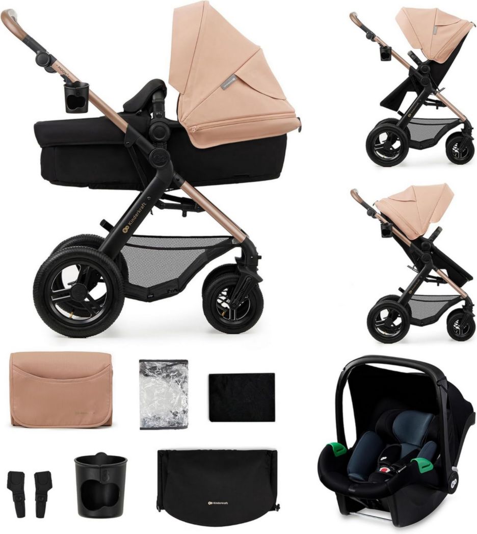 Poussette 3-en-1 Kinderkraft MOOV2, système de voyage de la naissance à 27 kg, siège auto Mink PRO I-Size inclus, pare-soleil extensible avec filtre UPF50+, accessoires pratiques, gris