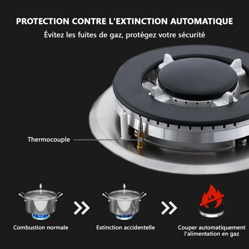 Plaque de cuisson à gaz 4 feux, plaque de cuisson 60 cm - Cuisinière encastrable - Gaz de ville et gaz en bouteille (4 feux - Verre)