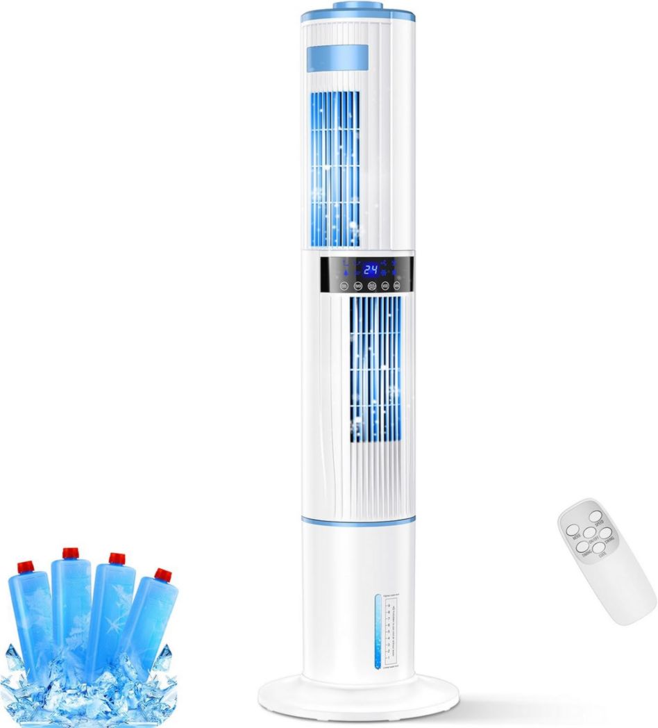 Climatiseur portable silencieux avec humidificateur, ventilateur, 2 sorties d'air, oscillation à 360°, 65 W, minuterie 24 h, 3 vitesses, 4 modes, télécommande pour chambre ou bureau