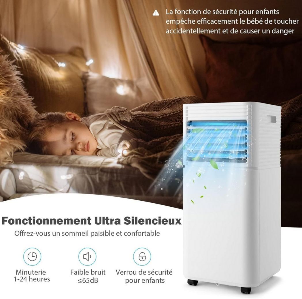 Climatiseur portable GOPLUS 9000 BTU 2,6 kW, 4 en 1, refroidissement, déshumidification, ventilateur, mode nuit, minuterie 24 h, télécommande/écran, 20 ㎡, noir, R290