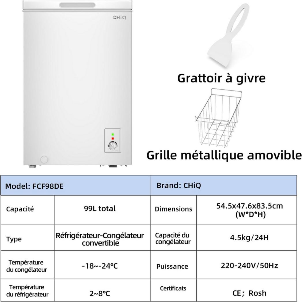 Congélateur coffre CHIQ 142 L, 63,5 x 55,6 x 83,5 cm, congélateur Inverter, affichage de la température extérieure, congélation rapide -32 °C, grille métallique, faible niveau sonore