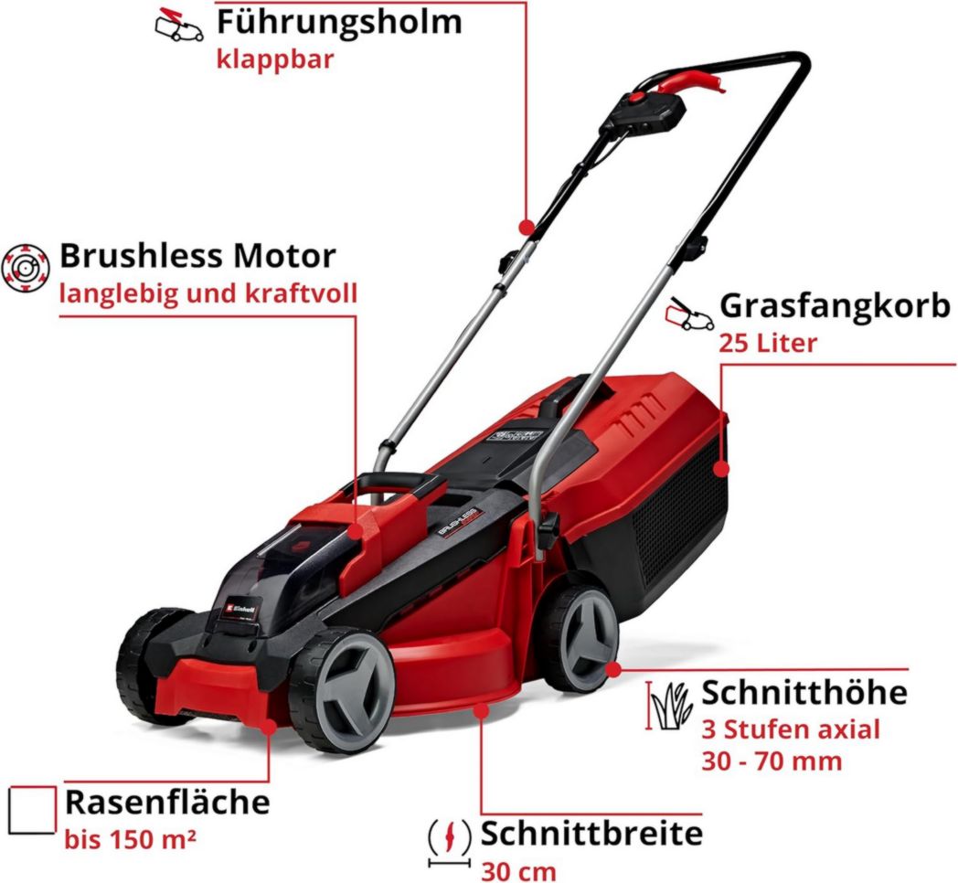 Tondeuse à gazon sans fil Einhell GE-CM 18/30 Li Kit Power X-Change (18 V, largeur de coupe 30 cm, surface recommandée 150 m²) Livrée avec batterie 3,0 Ah et chargeur