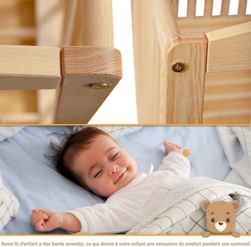 Lit bébé moto-MOLTICO 60x120 cm avec tiroir – Lit en bois réglable en hauteur, transformable en lit enfant avec barrières de sécurité – Lit bébé pour filles et garçons