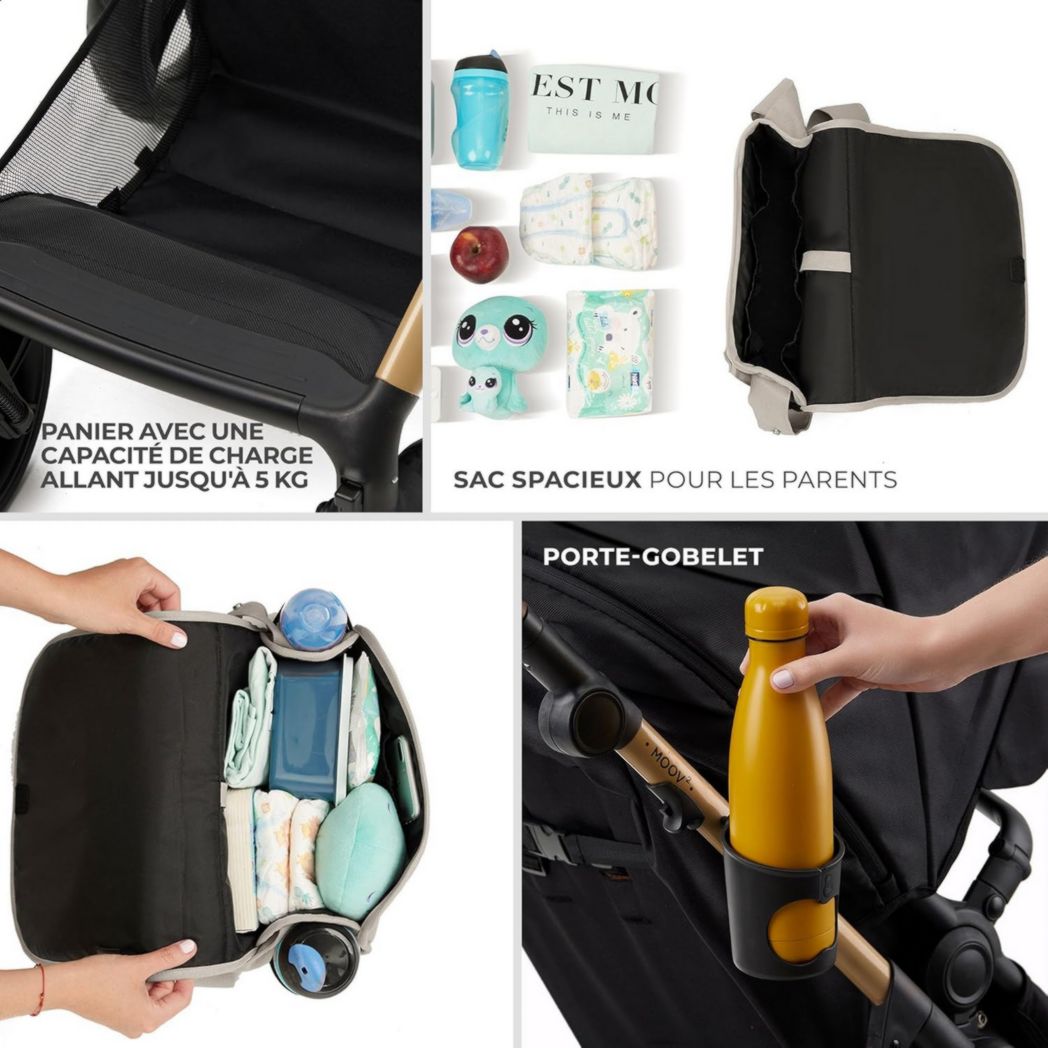 Poussette 3-en-1 Kinderkraft MOOV2, système de voyage de la naissance à 27 kg, siège auto Mink PRO I-Size inclus, pare-soleil extensible avec filtre UPF50+, accessoires pratiques, gris