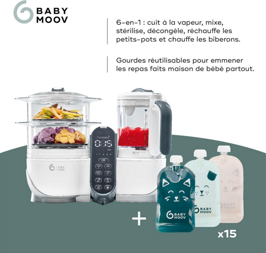 Babymoov Nutribaby(+), Robot cuiseur multifonction 6 en 1 pour bébé, cuiseur vapeur, grande capacité 2,2 L, petits pots maison, idéal pour diversifier les repas, vert opale