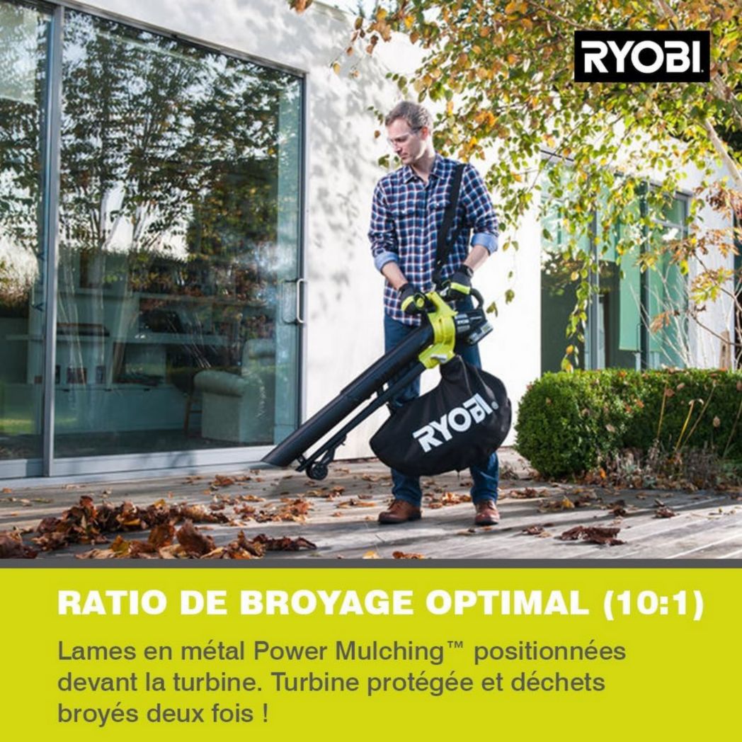 RYOBI - Souffleur aspirateur broyeur sans fil 18 volts ONE+, sans balais - 201 km/h (livré sans batterie) - OBV18