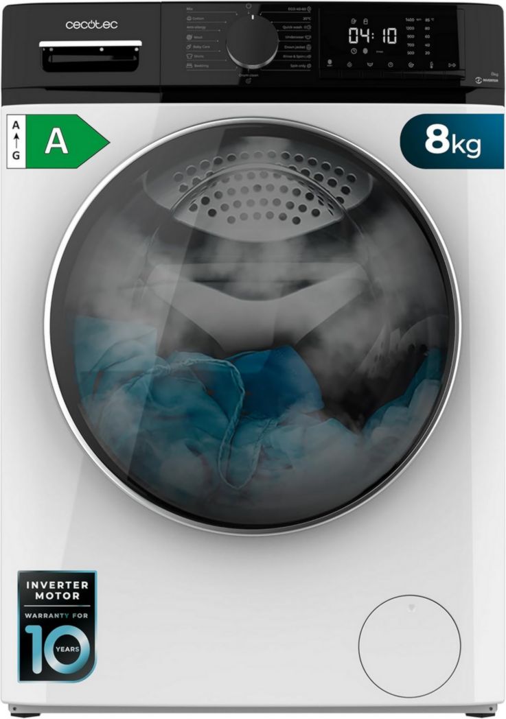 Lave-linge Cecotec 8 kg Bolero DressCode 8610 Inverter Steel A. Chargement frontal, 1400 tr/min, SteamMax, moteur Inverter Plus, 15 programmes, OnSmart, Stop&Go, DrumClean, revêtement antibactérien