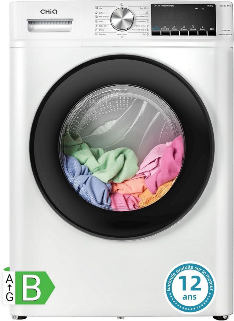 Lave-linge CHIQ CFL80-14586IM3XA, chargement frontal, 8 kg, Space Pro, moteur Inverter stable, 1400 tr/min, programme Smart AI, fonction vapeur, lavage rapide 15 minutes, 15 cycles de lavage, gris