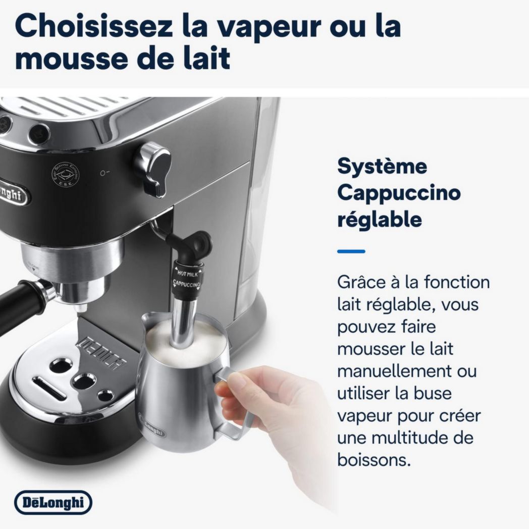 De'Longhi Dedica Style EC685.M, Machine à expresso avec buse à mousse de lait professionnelle, seulement 15 cm de large, réservoir de 1 L, boîtier en métal, compatible avec les dosettes ESE, métal