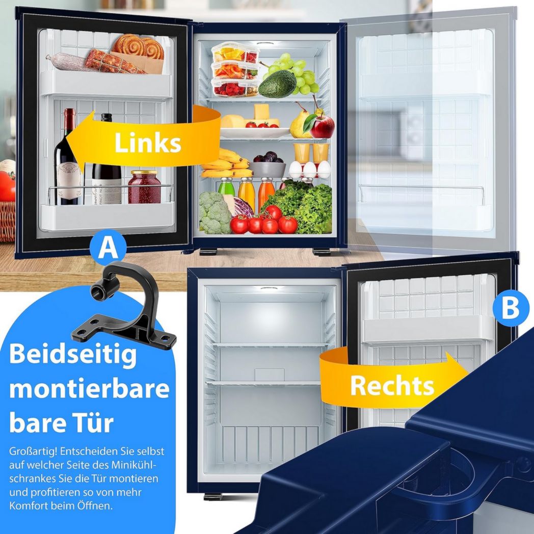 Mini-réfrigérateur KESSER® avec serrure, mini-bar 40 l, silencieux, 22 dB, verrouillable, chambre, butée de porte amovible, environ 4 à 16 °C, hauteur 57 cm, éclairage intérieur