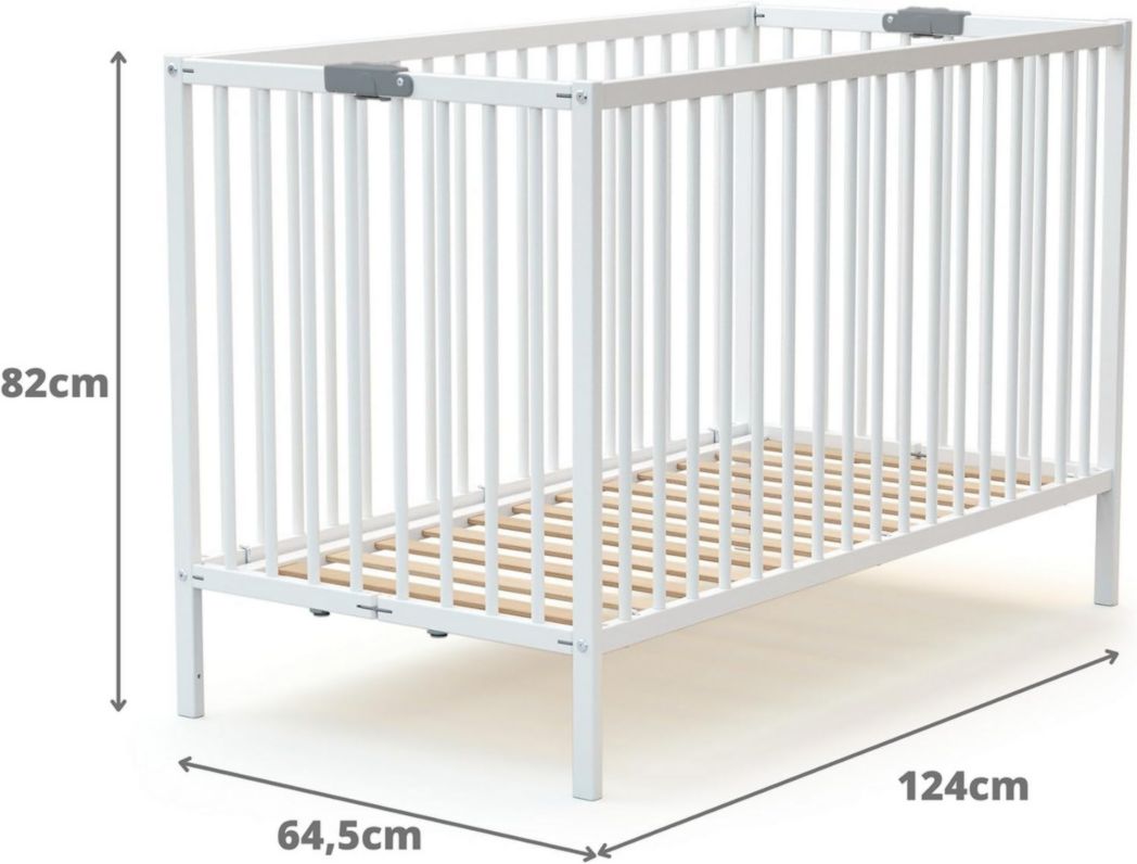 WEBABY - Lit bébé pliant 60 x 120 cm Blanc | Bois massif | Dès la naissance | Confort de couchage | Sommier à lattes | Compact | Transportable | Pliable | Gain de place | Lit de voyage