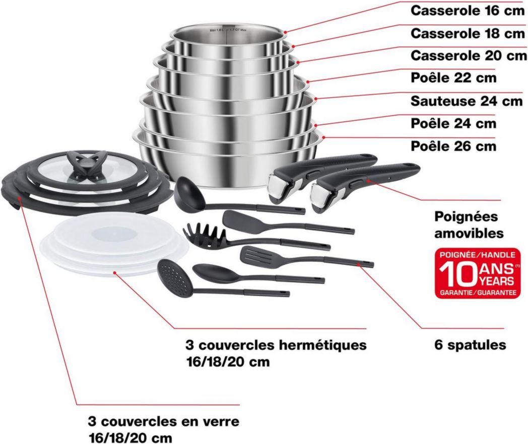Batterie de cuisine Seb Compact Inox 10 pièces, Induction, poêles 22/24/26 cm, casseroles 16/18/20 cm, sauteuse 24 cm, couvercles 18/20 cm, 1 poignée L953SA04, Noir, argent, ‎35,4 x 35,29 x 26,8 cm