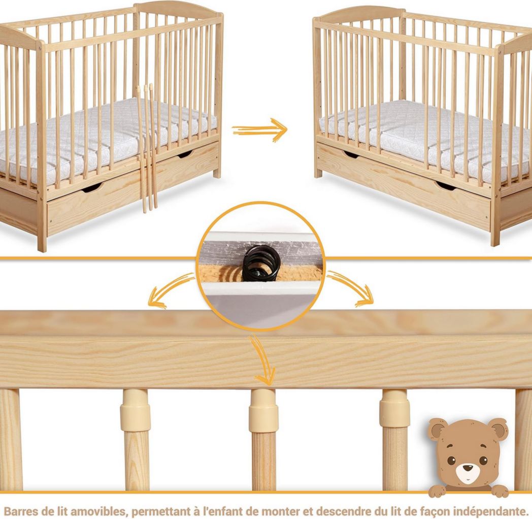 Lit bébé moto-MOLTICO 60x120 cm avec tiroir – Lit en bois réglable en hauteur, transformable en lit enfant avec barrières de sécurité – Lit bébé pour filles et garçons