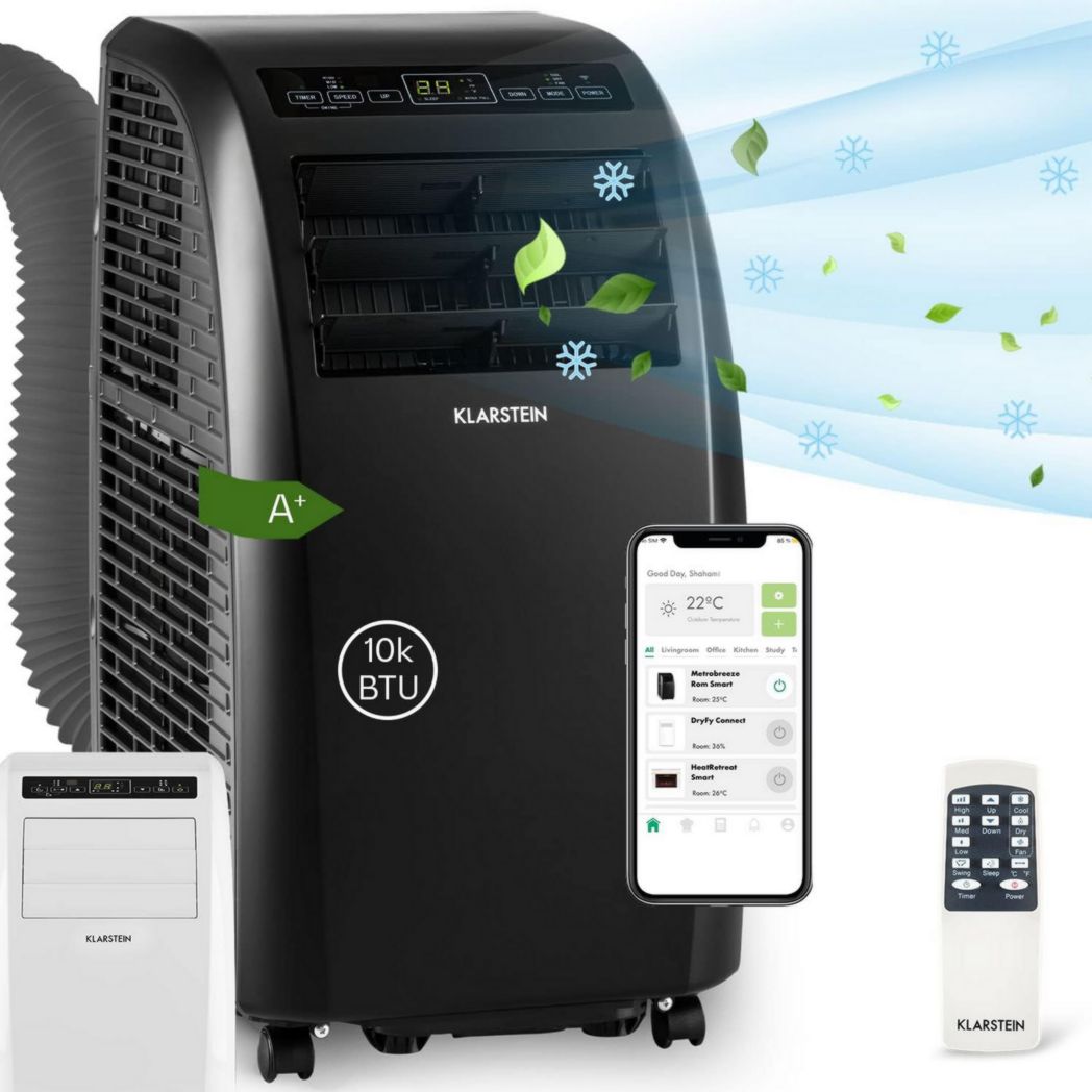 Climatiseur mobile silencieux Klarstein, 4 en 1, mode nuit, déshumidificateur, ventilateur, mini climatiseur basse consommation, évacuation, climatiseur portable, puissant, 10 000 BTU