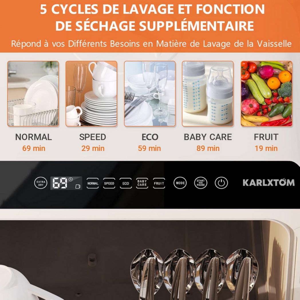 Lave-vaisselle de table Karlxtom, mini-lave-vaisselle avec commandes tactiles LED, 45 cm, 6 programmes, lavage des fruits, soins bébé