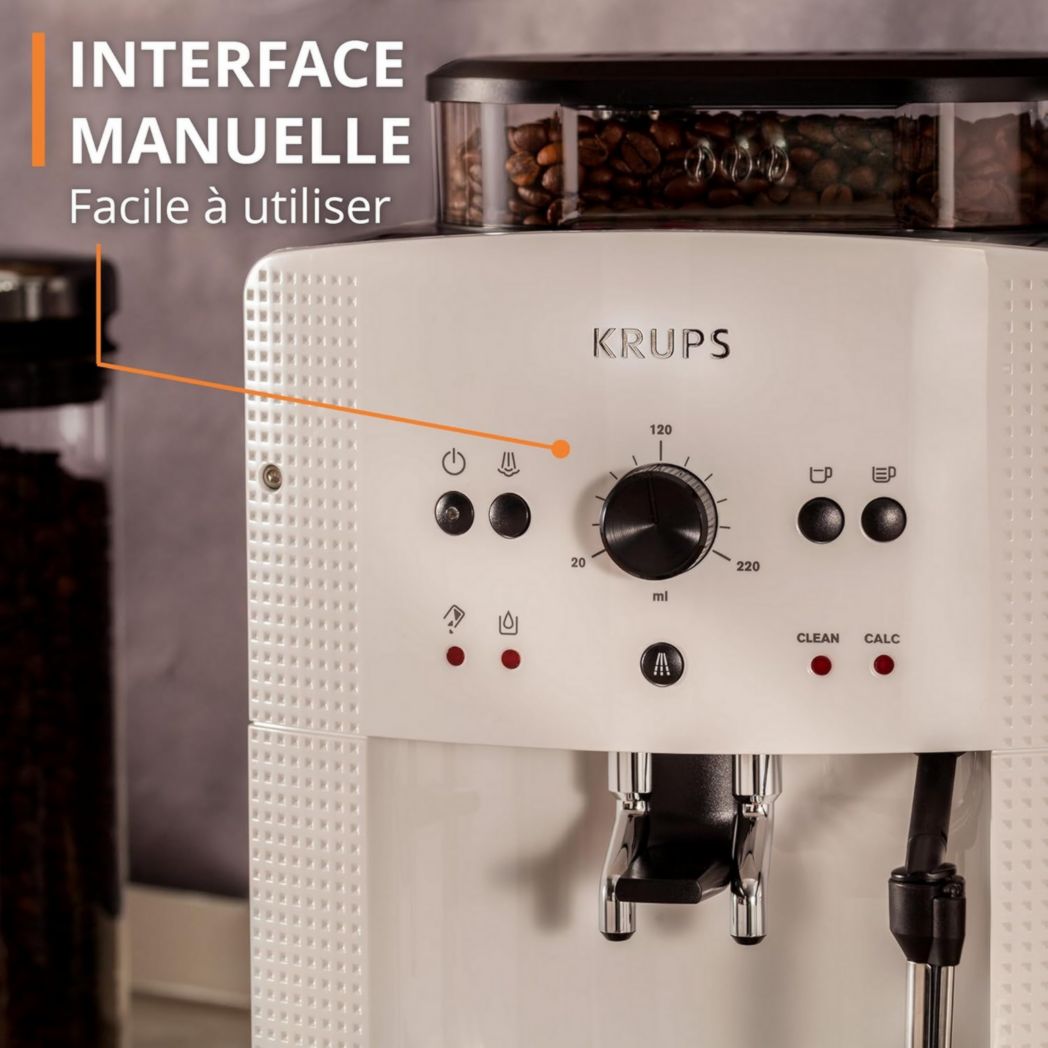 Krups Machine à café à grains, 1,7 L, 2 tasses simultanément, Nettoyage automatique, Buse vapeur pour cappuccino, Cafetière expresso, Essential black YY8125FD, Noir