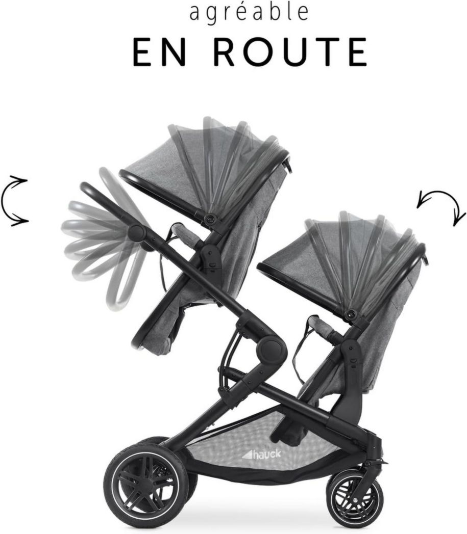 Poussette double Hauck Atlantic Twin - Tandem pour 2 enfants avec nacelles et sièges 2 en 1 - Gris chiné