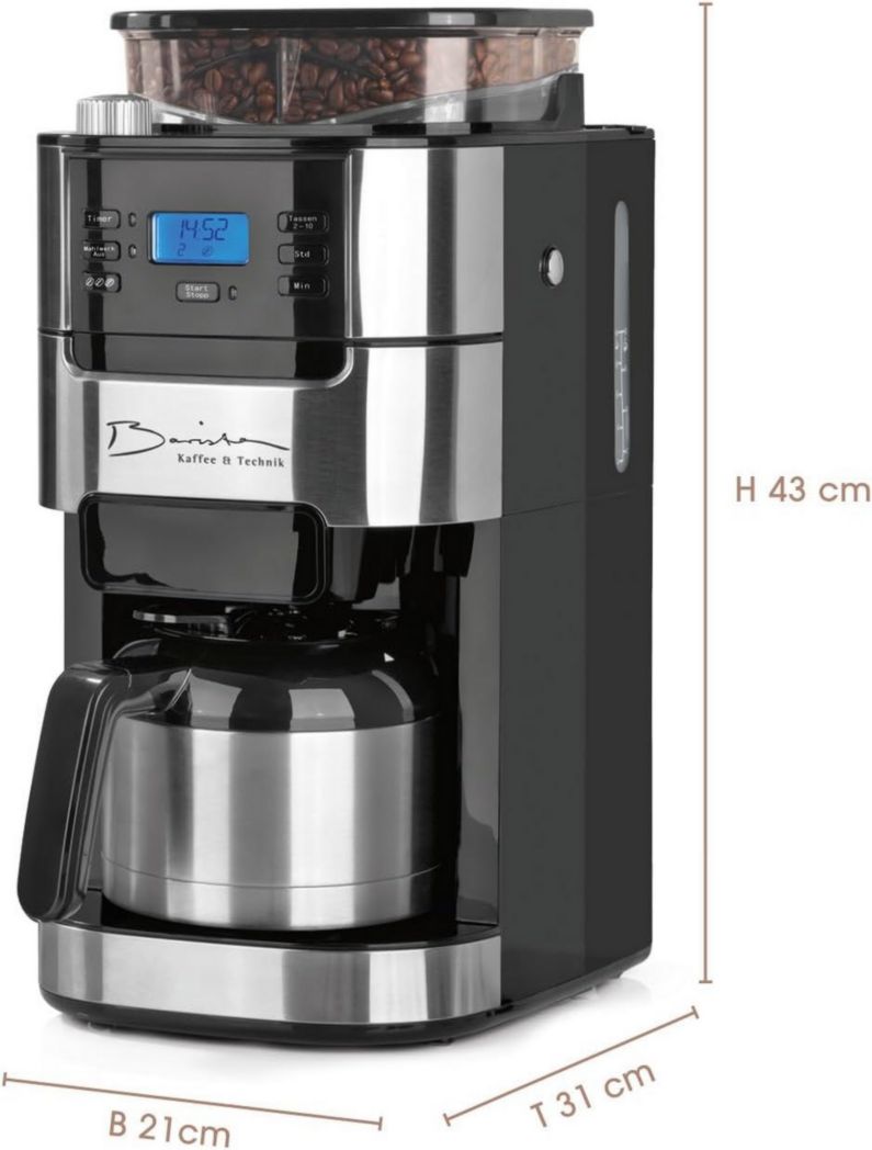Cafetière filtre Barista avec verseuse isotherme de 1 L pour 12 tasses de café, machine à café à grains avec moulin et affichage numérique, fonction minuterie