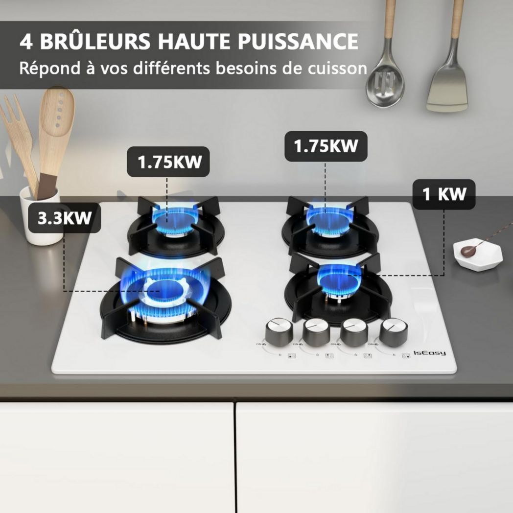 Plaque de cuisson à gaz 4 feux, plaque de cuisson 60 cm - Cuisinière encastrable - Gaz de ville et gaz en bouteille (4 feux - Verre)