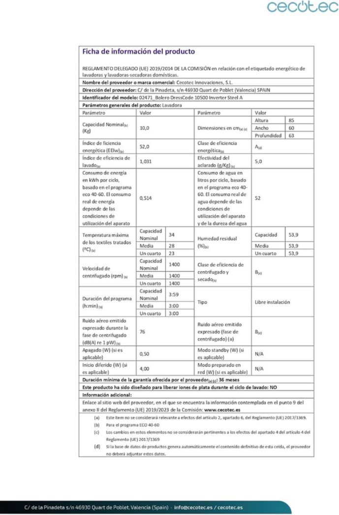 Cecotec Bolero Dresscode 10500 Inverter Steel A. Lave-linge 10 kg Acier, 1400 tr/min, moteur Inverter Plus, Vapeur, Classe A.