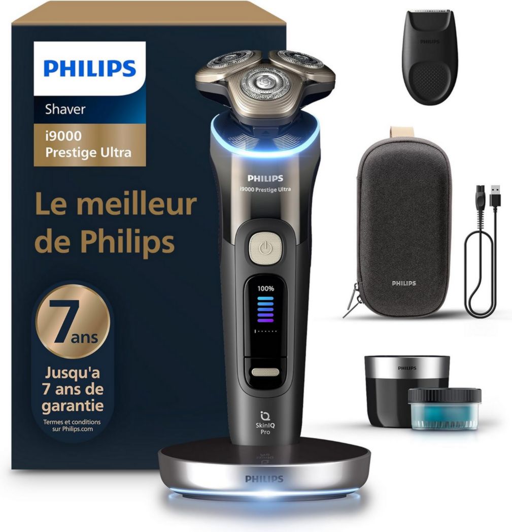 Rasoir Philips i9000 Prestige Ultra, rasoir électrique 100 % étanche, technologie Skin IQ Pro, système Triple Lift & Cut, lames de précision NanoTech rotatives à 360°, 5 modes de rasage, XP9401/38