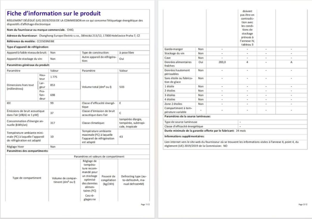 Réfrigérateur congélateur inférieur CHIQ FBM157L42 157 L (109 + 48), largeur 47 cm, Low Frost, 39 dB, portes réversibles, garantie 12 ans sur le compresseur
