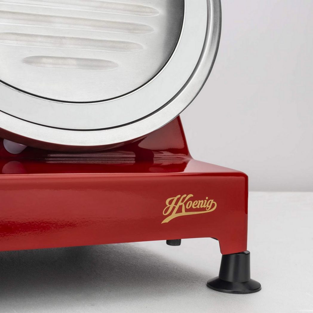 Trancheuse à viande électrique H.Koenig MSX254, Charcuterie, Professionnelle, Précise, Coupe 0-12 mm, Lame 25 cm, Aiguiseur intégré, Grand plateau, 282 tr/min, Rouge