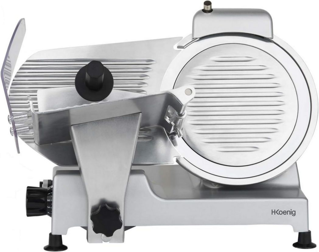 Trancheuse à viande électrique H.Koenig MSX254, Charcuterie, Professionnelle, Précise, Coupe 0-12 mm, Lame 25 cm, Aiguiseur intégré, Grand plateau, 282 tr/min, Rouge