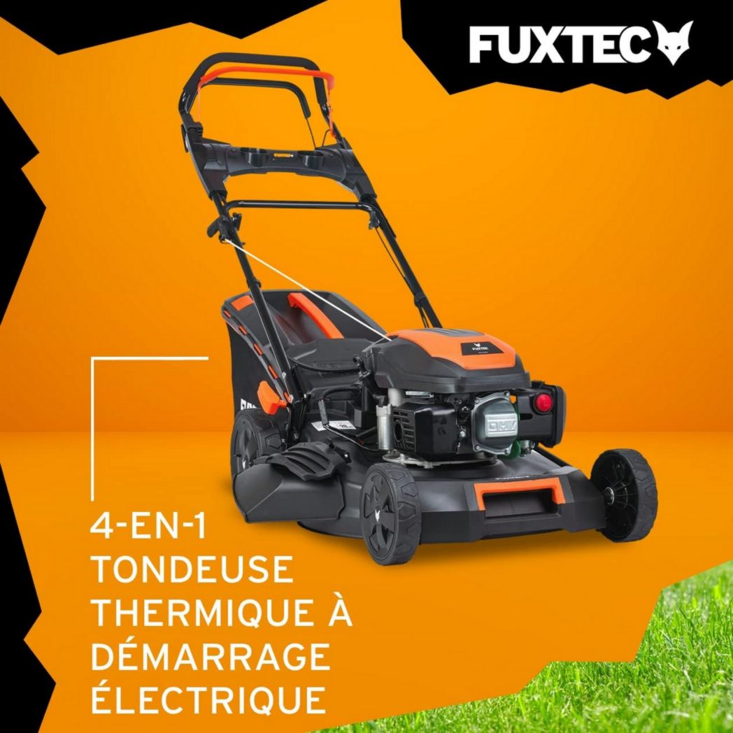 Tondeuse thermique autotractée FUXTEC FX-RM5170eS, démarrage électrique, 4 po 1, 170 cm³, 4 CV | 4 temps | Largeur 51 cm, hauteur de coupe 7 positions, bac de ramassage 60 L, fonction mulching, éjection latérale