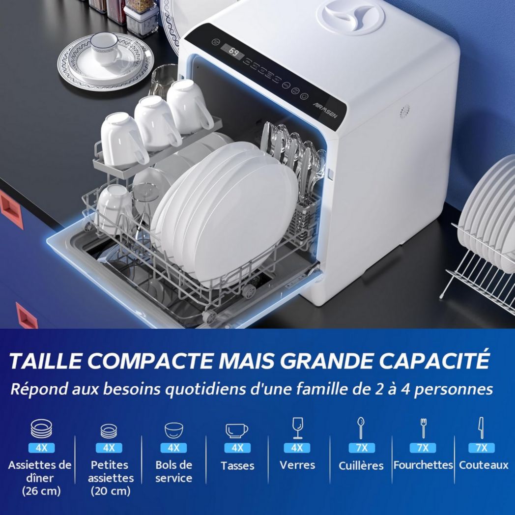 Mini lave-vaisselle de comptoir AIRMSEN, 5+1 programmes, réservoir d'eau de 5 L, commandes tactiles et écran LED, convient aux cuisines familiales, appartements et dortoirs, blanc et noir