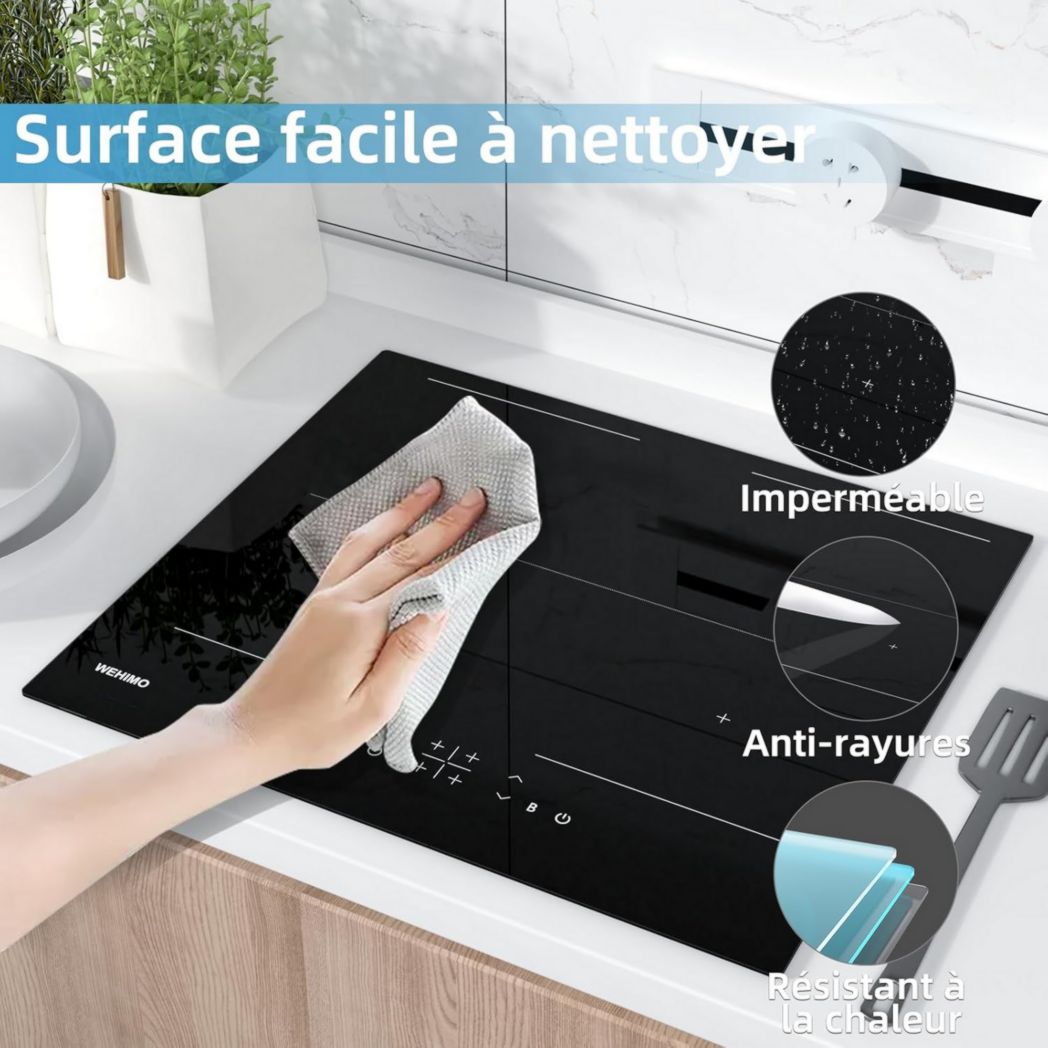 Plaque de cuisson vitrocéramique encastrable 4 feux, WEHIMO 6000W - 59cm - Minuterie, 9 niveaux de puissance, commande tactile, sécurité enfant...