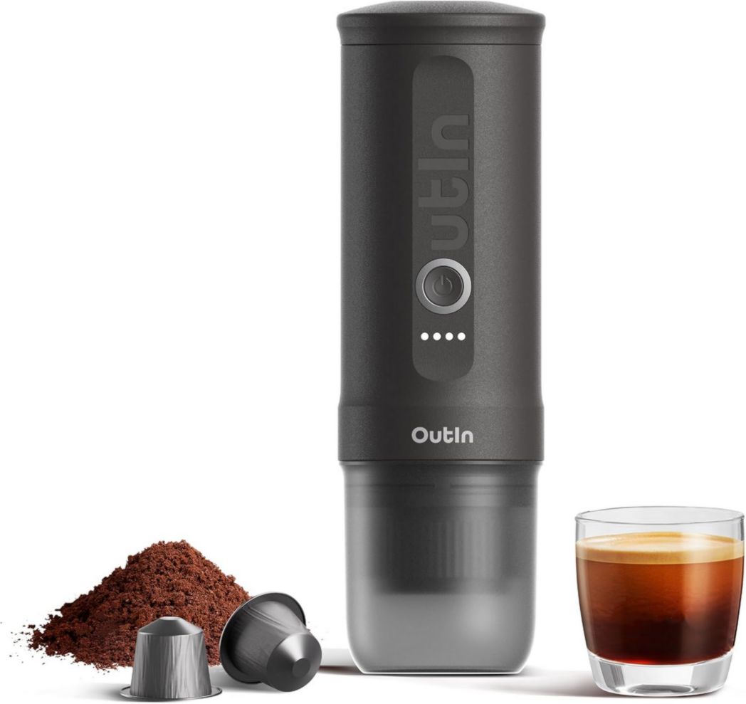 OutIn Nano Mini Machine à expresso portable à piles avec auto-chauffage en 3-4 minutes, petite cafetière de voiture 20 bars 12 V 24 V avec étui de transport, capsules NS (bleu sarcelle)