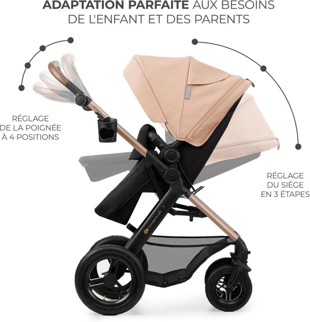 Poussette 3-en-1 Kinderkraft MOOV2, système de voyage de la naissance à 27 kg, siège auto Mink PRO I-Size inclus, pare-soleil extensible avec filtre UPF50+, accessoires pratiques, gris