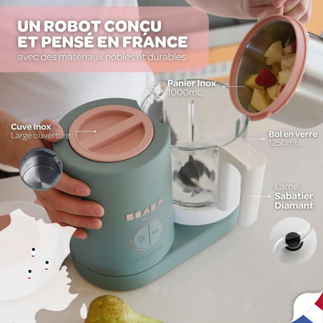 BÉABA, Babycook Néo, Mixeur et Cuiseur Vapeur 6 en 1, Robot Cuiseur Bébé Fabriqué en France, Bol en Verre, Cuve en Inox, Grande Capacité, Diversification des Aliments, Petits Pots Bébé Maison, Rapide, Eucalyptus