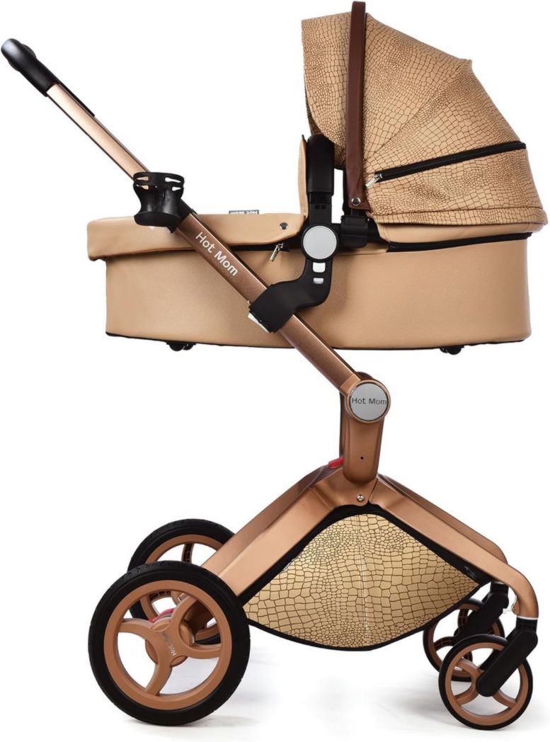 Poussette classique Hot Mom Combi 3 en 1, ensemble complet, cadre en aluminium, pneus en caoutchouc plein, protection contre la pluie et moustiquaire, modèle F22 (noir-3, avec siège auto)