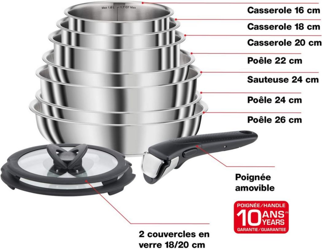 Batterie de cuisine Seb Compact Inox 10 pièces, Induction, poêles 22/24/26 cm, casseroles 16/18/20 cm, sauteuse 24 cm, couvercles 18/20 cm, 1 poignée L953SA04, Noir, argent, ‎35,4 x 35,29 x 26,8 cm
