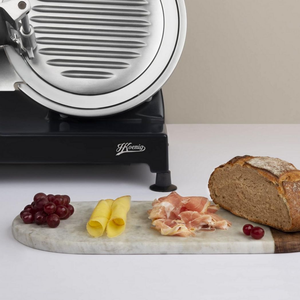 Trancheuse à viande électrique H.Koenig MSX254, Charcuterie, Professionnelle, Précise, Coupe 0-12 mm, Lame 25 cm, Aiguiseur intégré, Grand plateau, 282 tr/min, Rouge