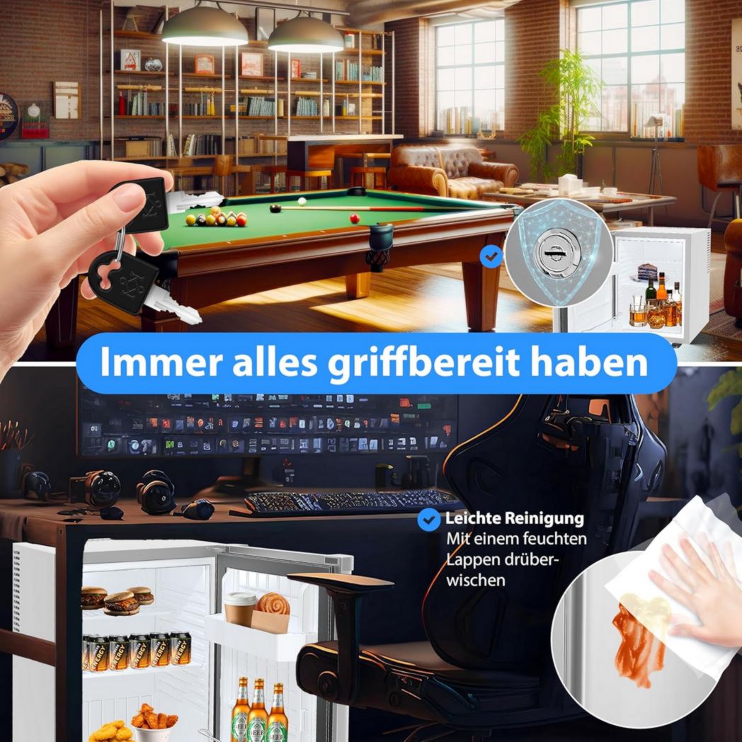 Mini-réfrigérateur KESSER® avec serrure, mini-bar 40 l, silencieux, 22 dB, verrouillable, chambre, butée de porte amovible, environ 4 à 16 °C, hauteur 57 cm, éclairage intérieur