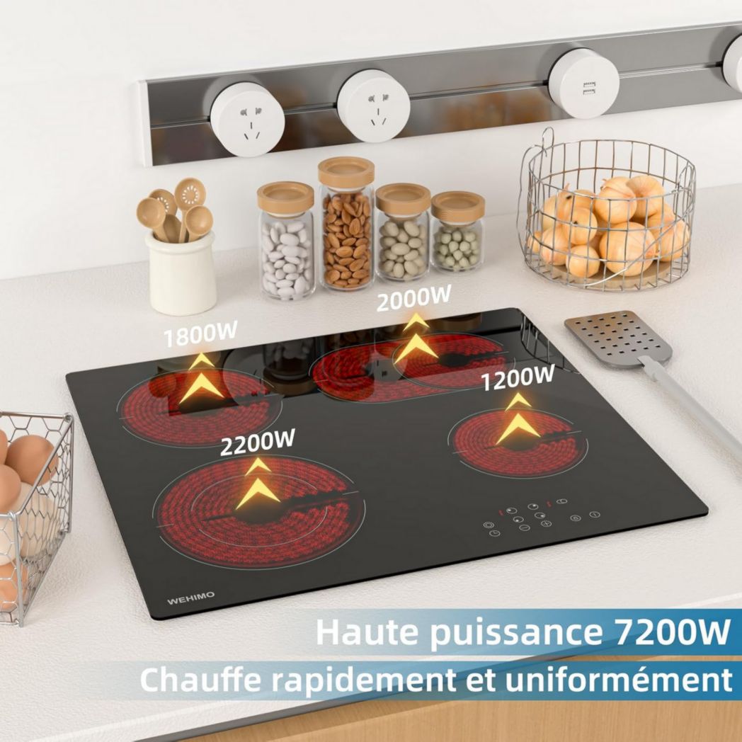 Plaque de cuisson vitrocéramique encastrable 4 feux, WEHIMO 6000W - 59cm - Minuterie, 9 niveaux de puissance, commande tactile, sécurité enfant...