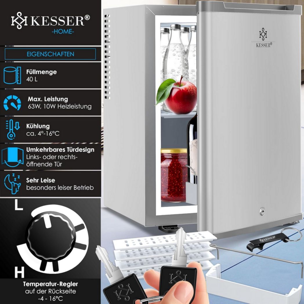 Mini-réfrigérateur KESSER® avec serrure, mini-bar 40 l, silencieux, 22 dB, verrouillable, chambre, butée de porte amovible, environ 4 à 16 °C, hauteur 57 cm, éclairage intérieur