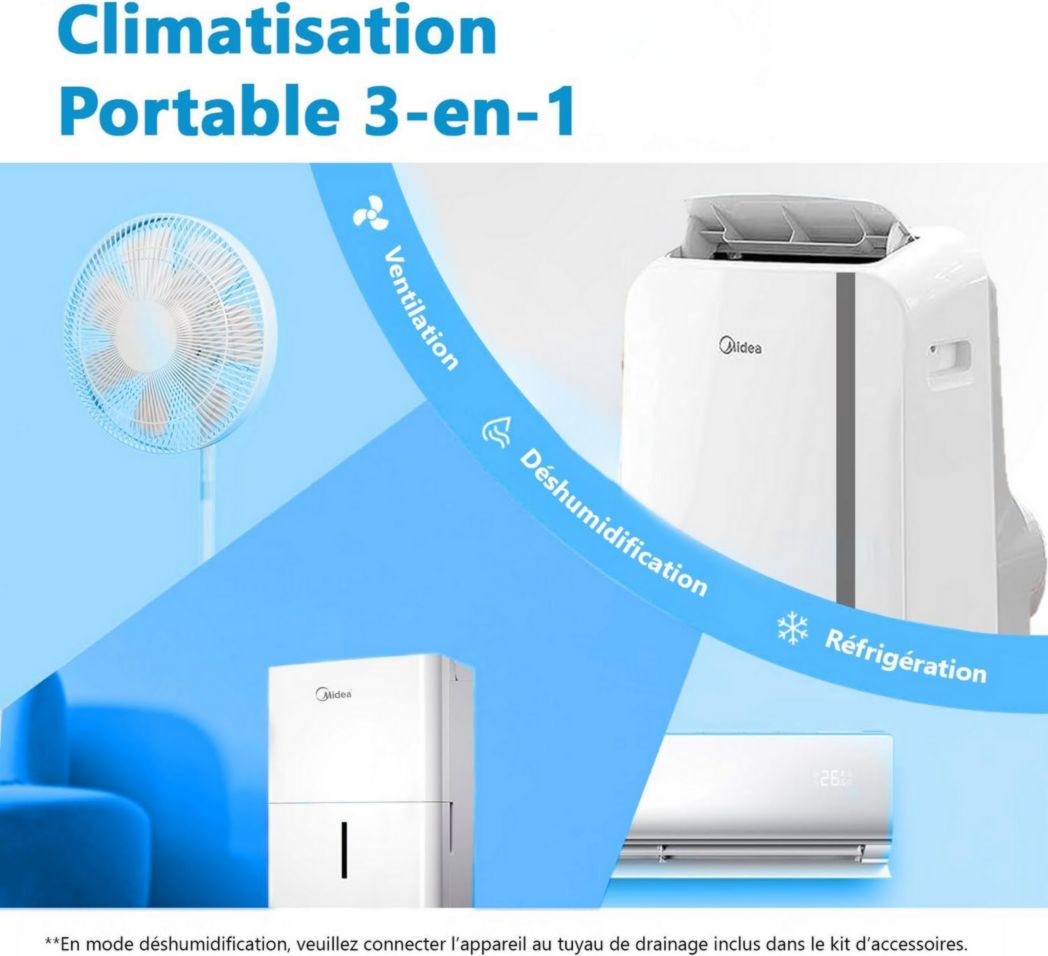 Climatiseur portable 4-en-1 silencieux MIDEA PortaSplit | 12 000 BTU | 3,5 kW, chauffage et climatiseur portables prêts à installer - Climatiseur portable avec refroidisseur, déshumidificateur, chauffage et ventilateur