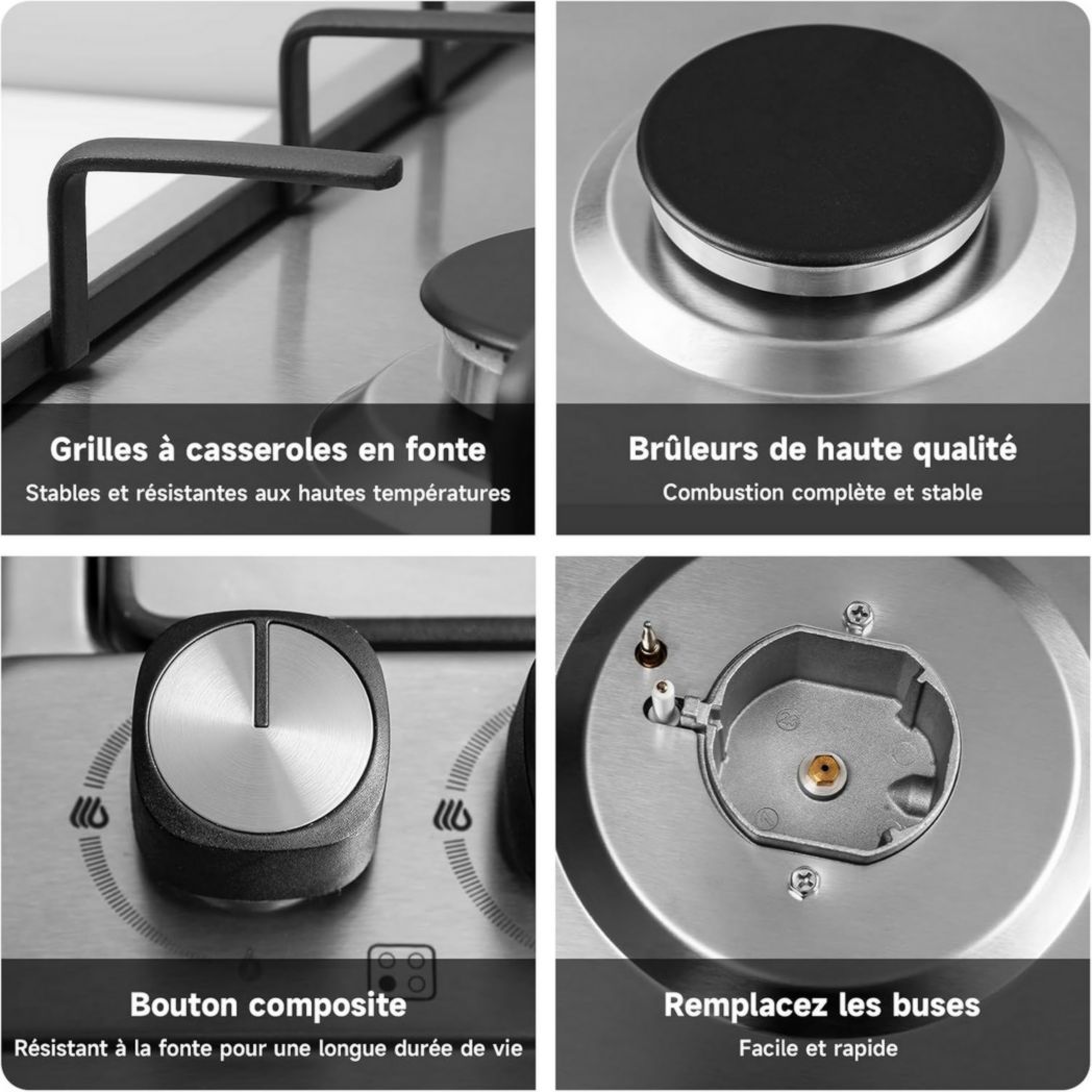 Plaque de cuisson à gaz 4 feux, plaque de cuisson 60 cm - Cuisinière encastrable - Gaz de ville et gaz en bouteille (4 feux - Verre)