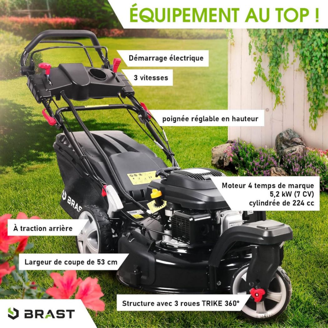 Tondeuse thermique 3 roues BRAST TRIKE E-START 224cc 53cm autotractée démarrage électrique mulching 4en1 capot tôle acier 60l - moteur 4 temps de la marque française GT réglable