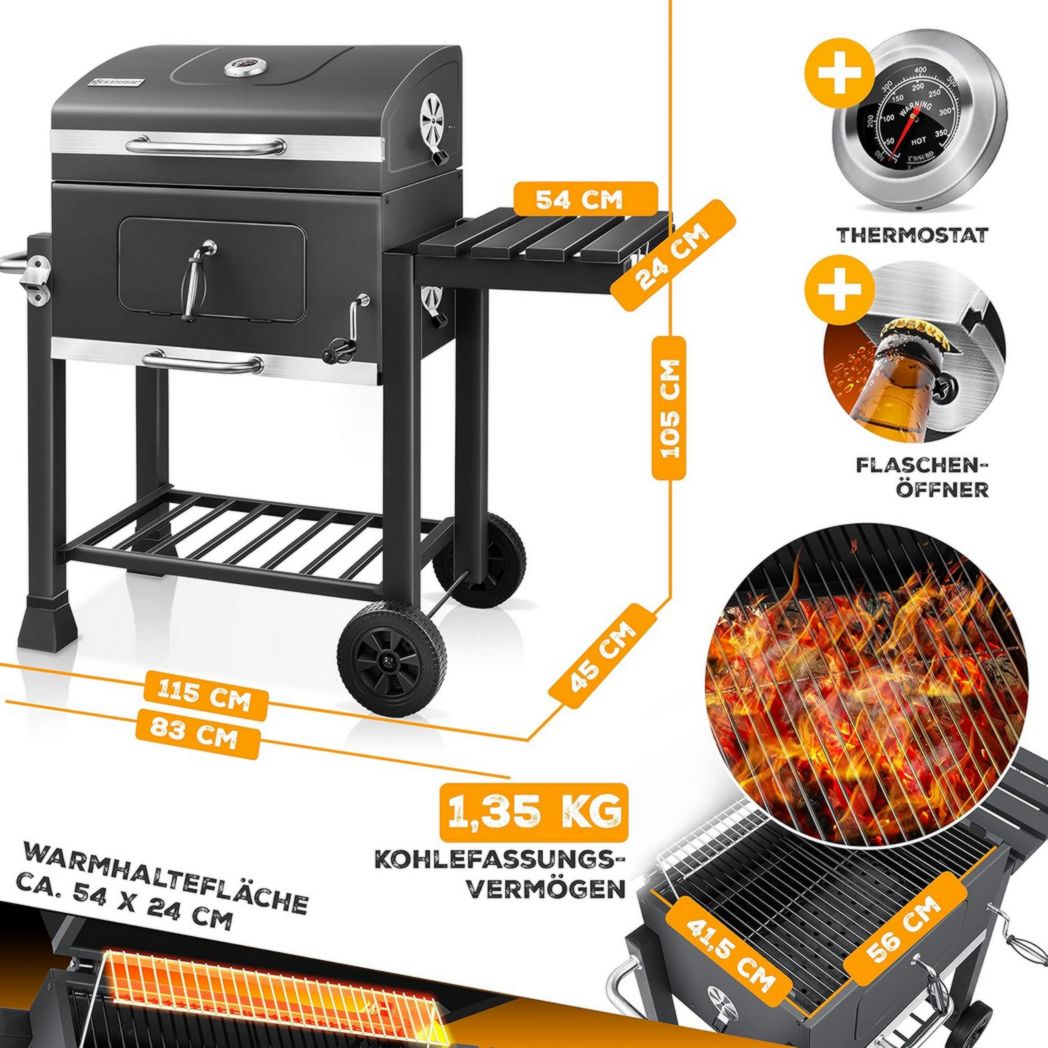 Chariot barbecue KESSER® | Barbecue à charbon XL avec couvercle, roulettes, poignée en acier inoxydable, grille et thermomètre | Grand barbecue à charbon