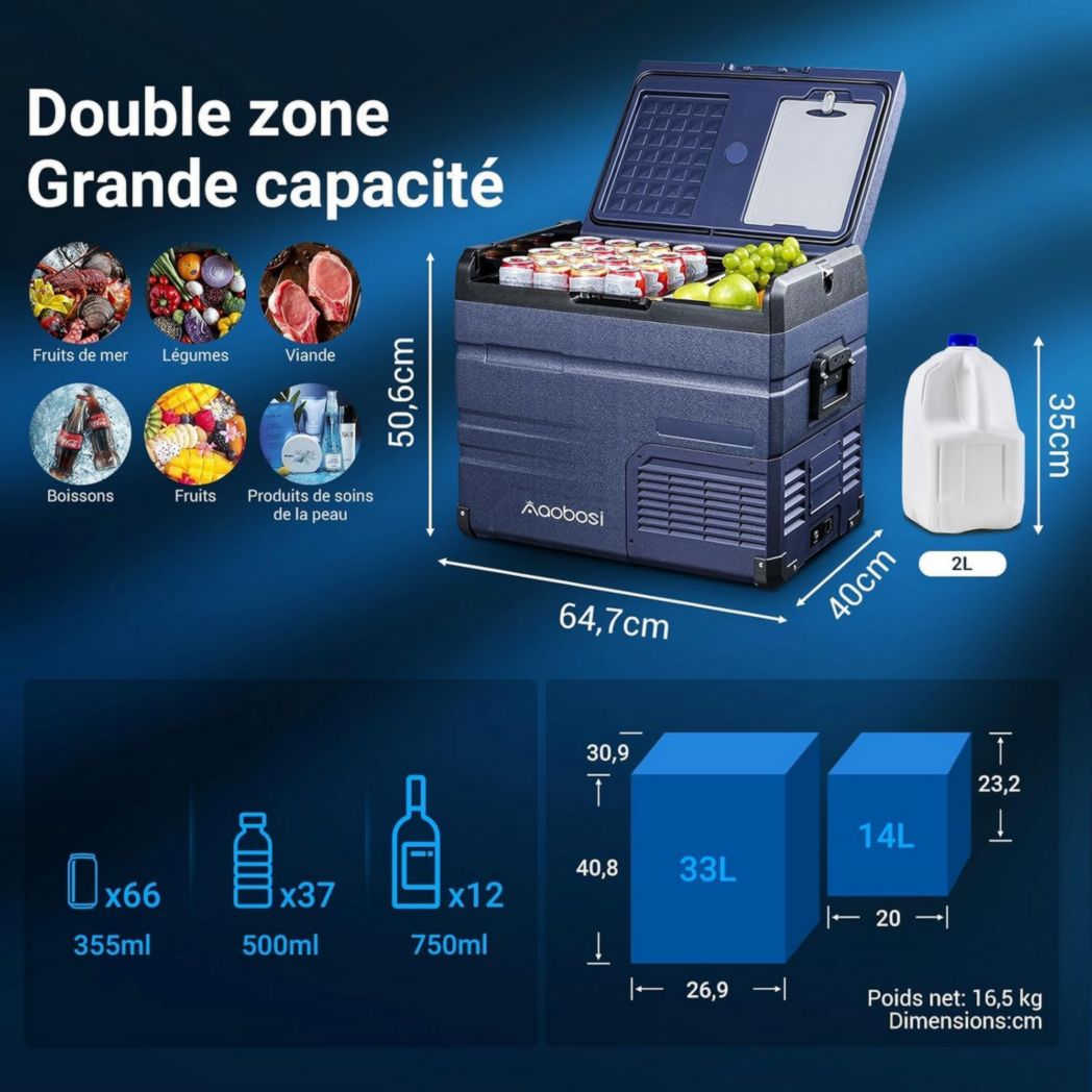 Glacière à compresseur AAOBOSI 46 L, glacière électrique à deux zones, 12 V/24 V et 100-240 V, réfrigérateur de camping, -20 °C à 20 °C, pour voiture, camion, bateau, camping-car