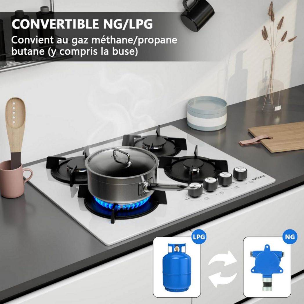 Plaque de cuisson à gaz 4 feux, plaque de cuisson 60 cm - Cuisinière encastrable - Gaz de ville et gaz en bouteille (4 feux - Verre)