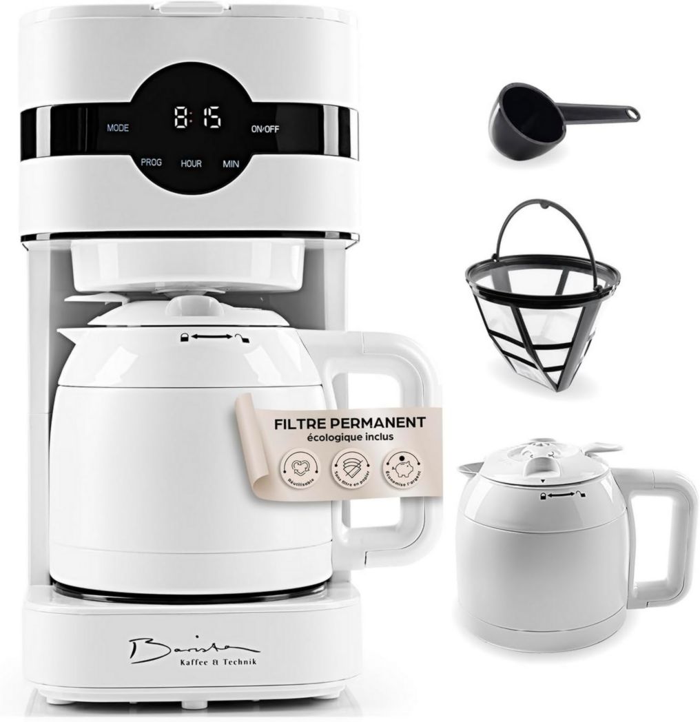 Cafetière filtre Barista avec verseuse isotherme de 1 L pour 12 tasses de café, machine à café à grains avec moulin et affichage numérique, fonction minuterie